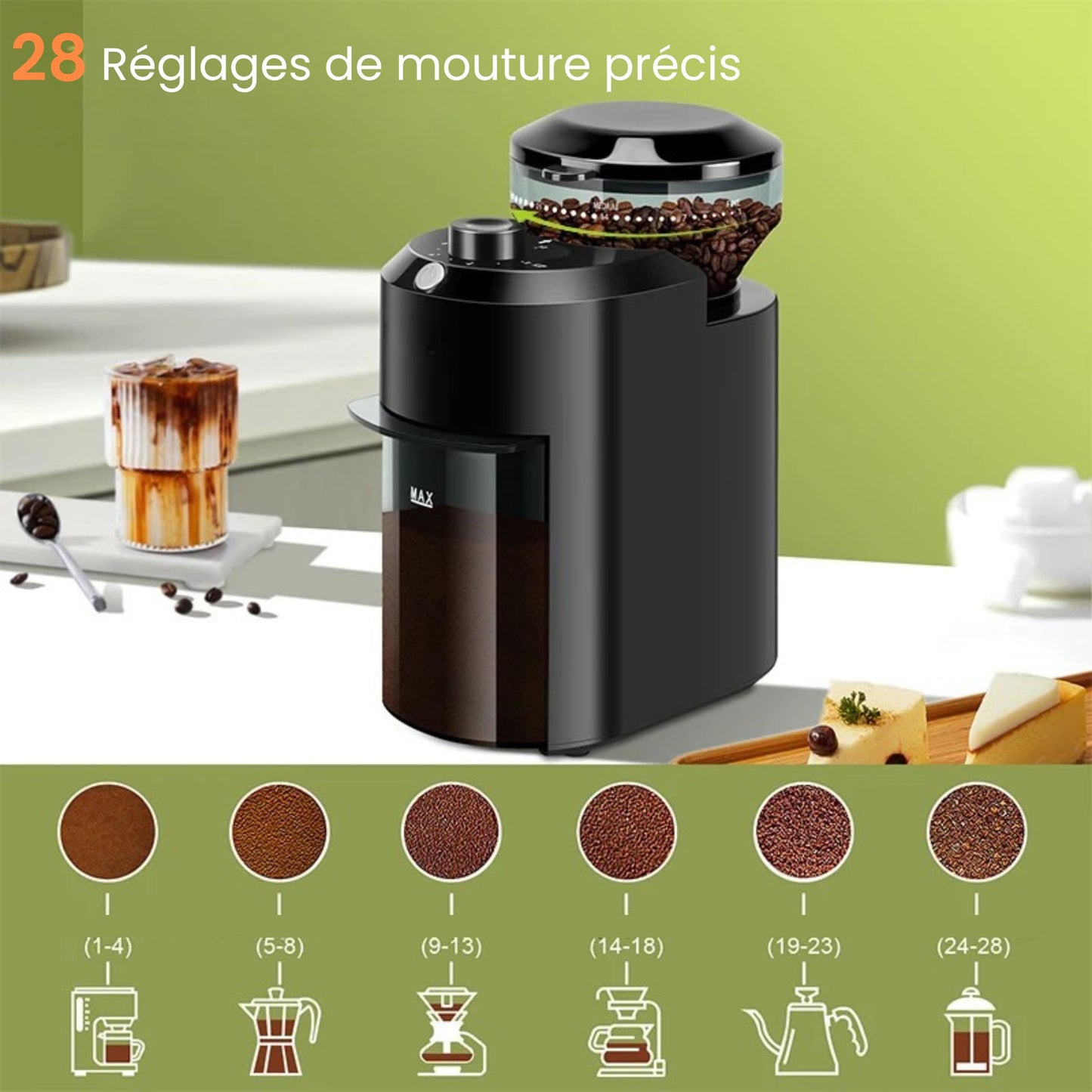 28 réglages de mouture du Moulin à café électrique pour expresso