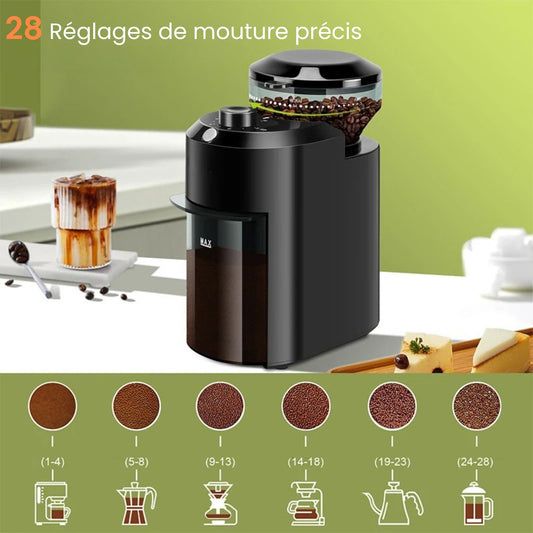 28 réglages de mouture du Moulin à café électrique pour expresso