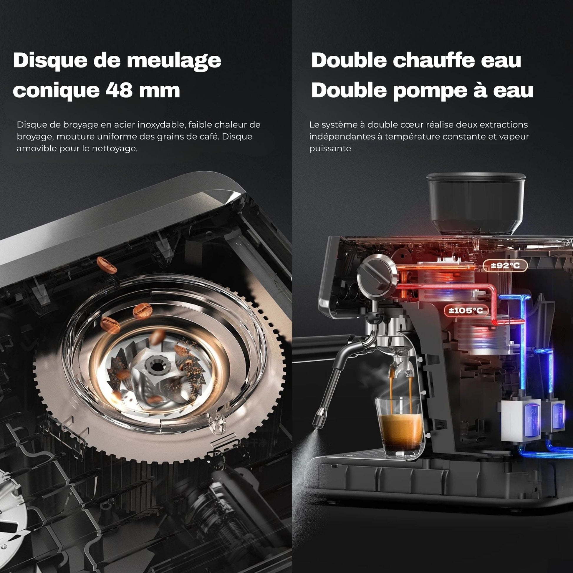 Cafetière espresso barista : disque de broyage et système de chauffe