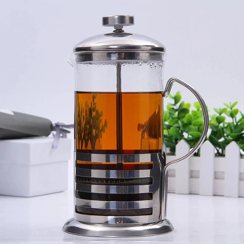 Cafetière à piston acier inoxydable lignes remplie de café