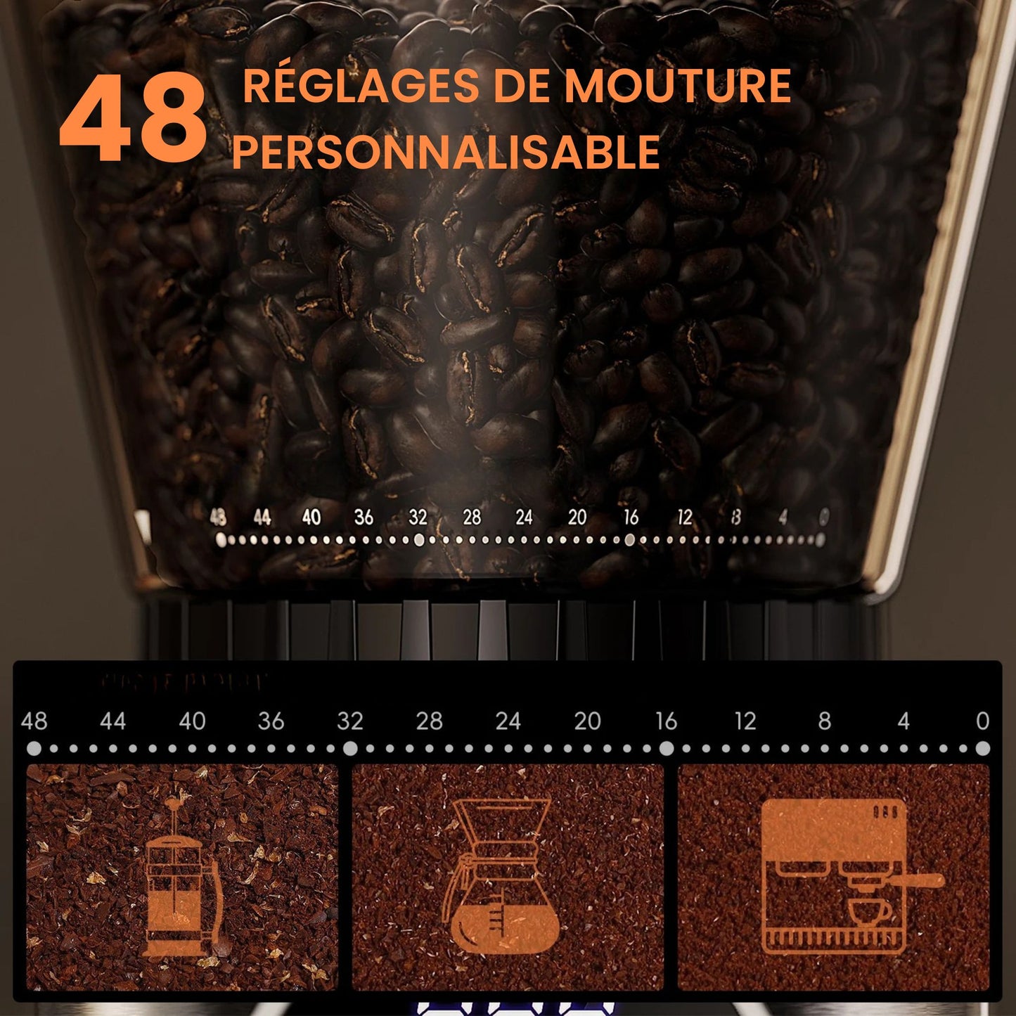 réglages de mouture du Moulin à café électrique inox