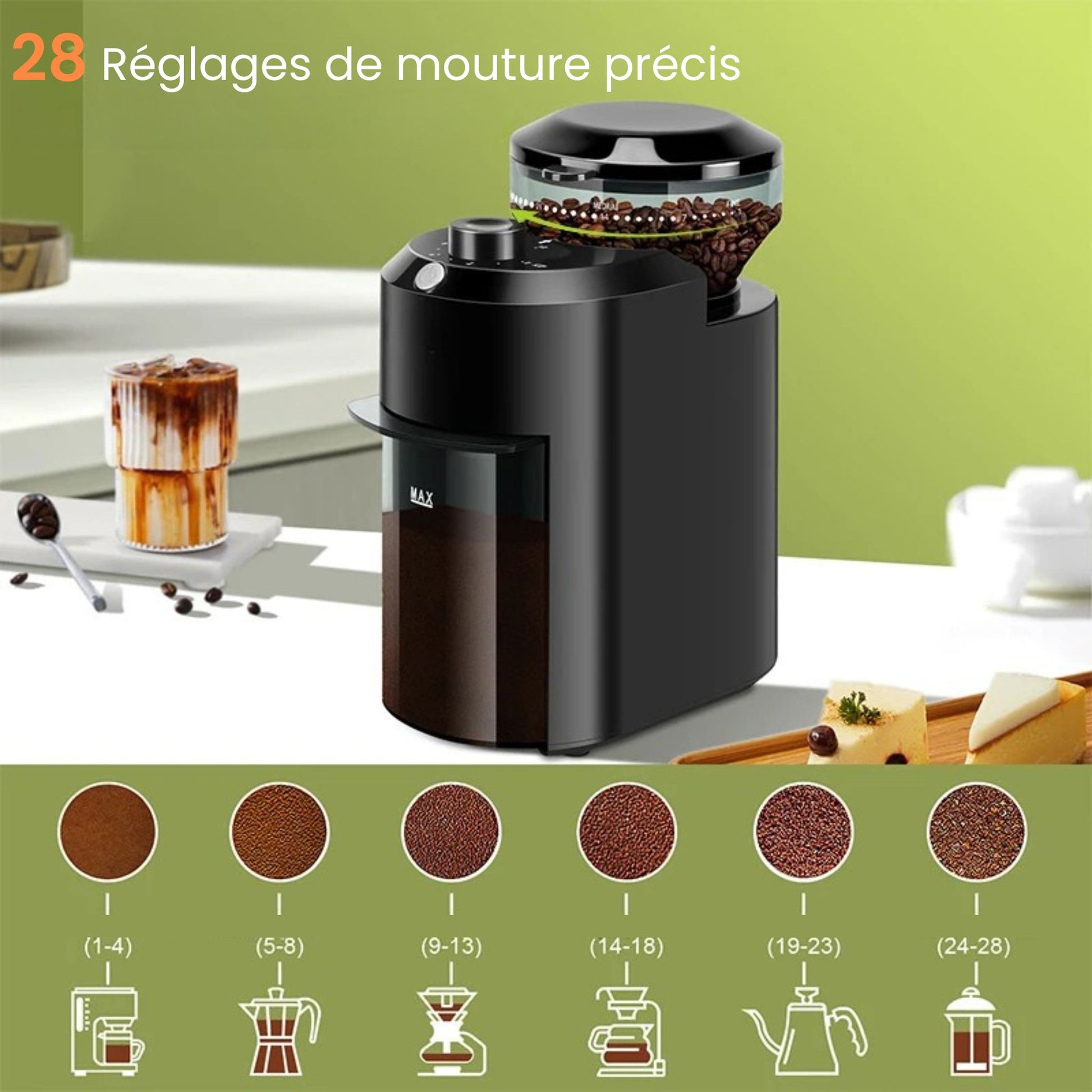 28 réglages de mouture du Moulin à café électrique pour expresso